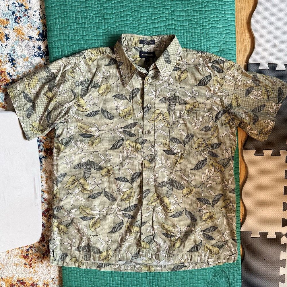 Vintage Marc Edwards Shirt Men XL Green Tropical Leaves Hawaiian Button SS EUC